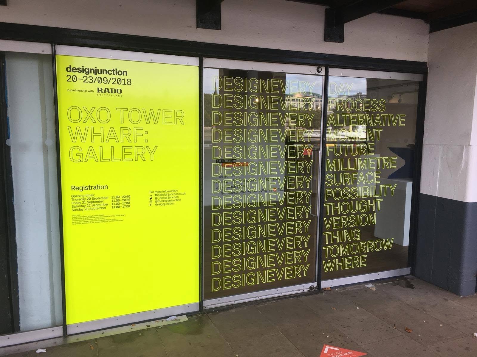 Completed Designjunction window graphics at the Oxo Tower Wharf gallery