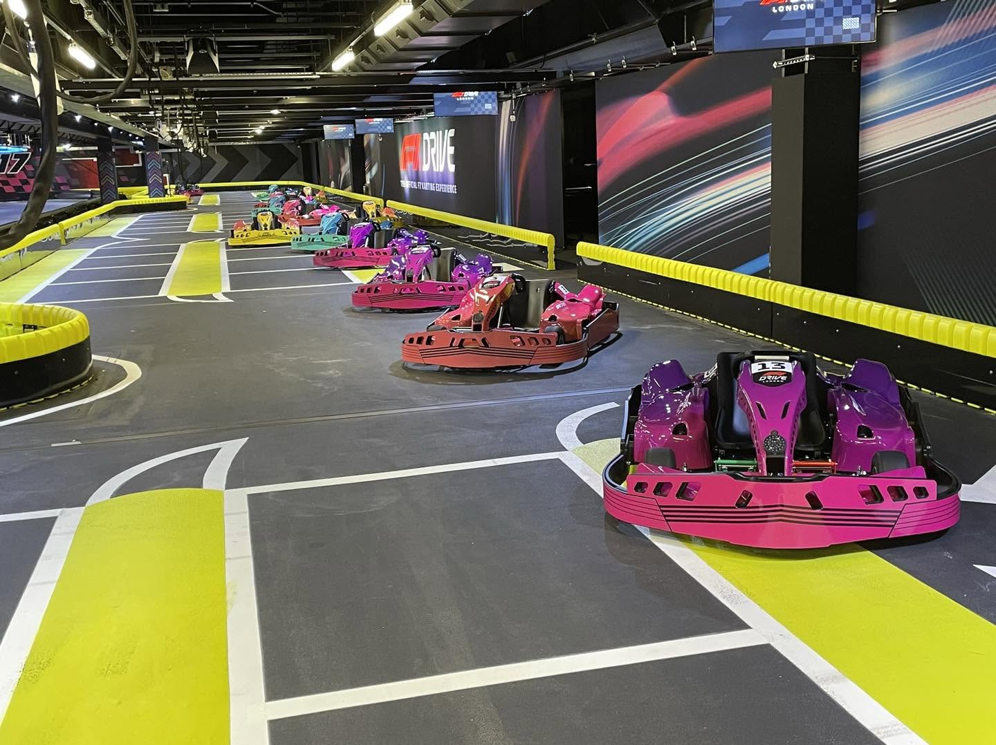 Wrapped go-karts lined up inside the London karting venue